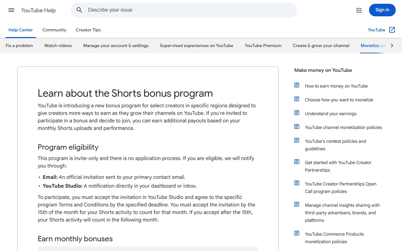 Halaman Pusat Bantuan YouTube berjudul Learn about the Shorts bonus program