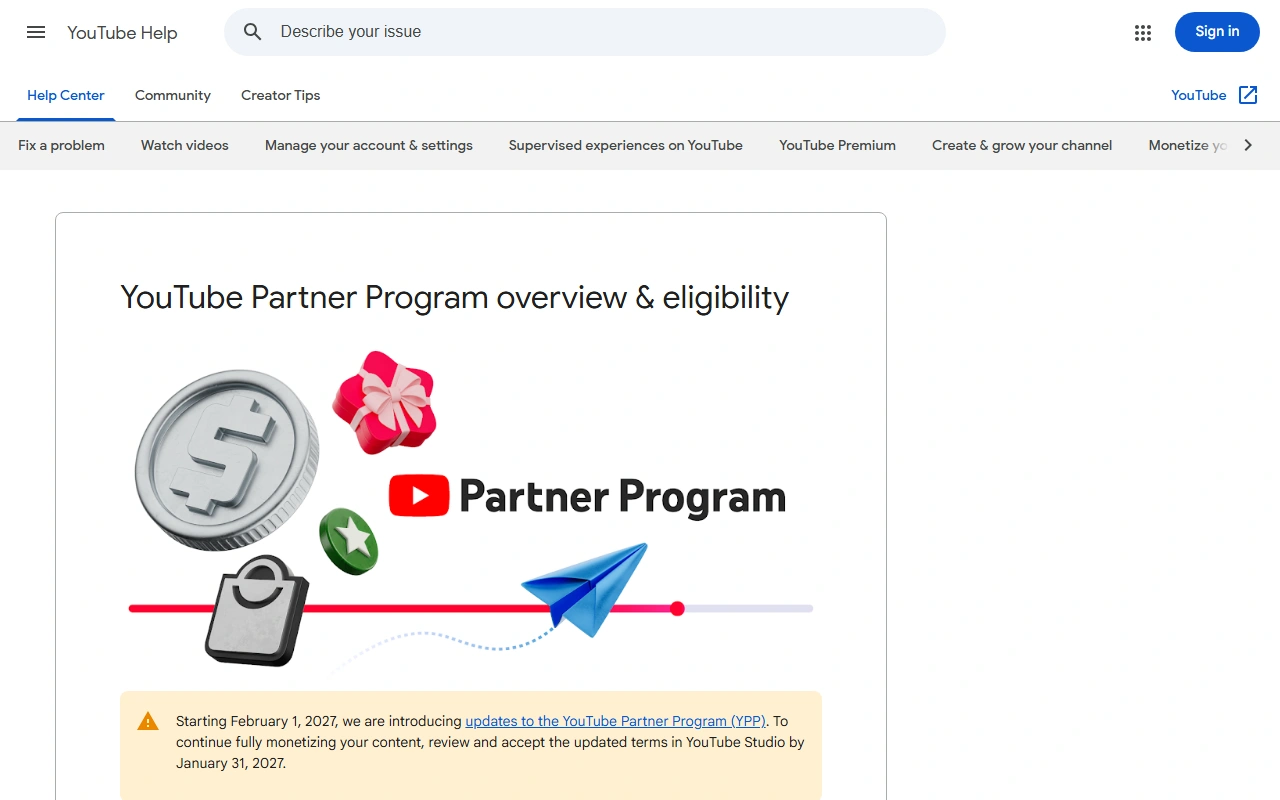 Halaman Pusat Bantuan YouTube berjudul YouTube Partner Program overview and eligibility