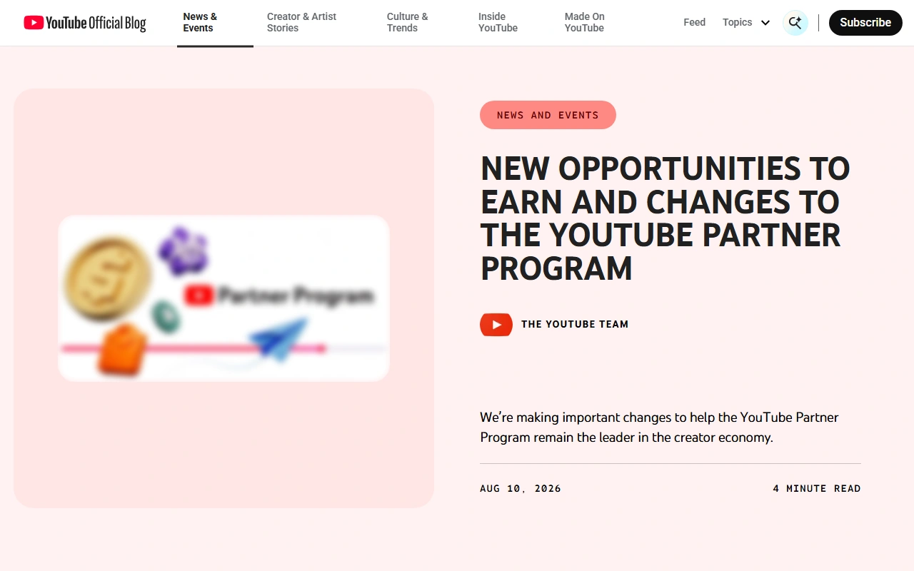 Halaman YouTube Official Blog tentang peluang penghasilan dan perubahan YouTube Partner Program