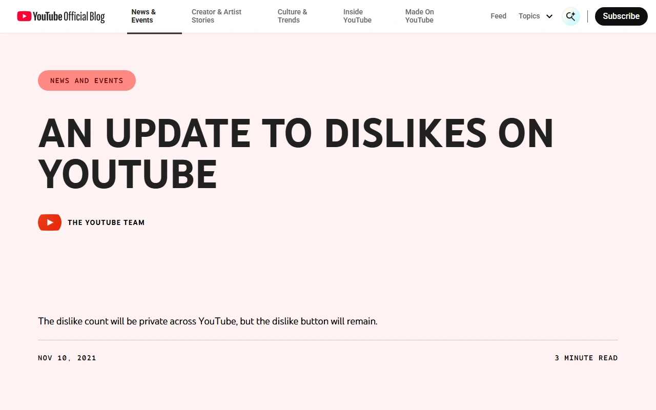 Halaman blog resmi YouTube tentang jumlah dislike yang menjadi privat tetapi tombolnya tetap ada