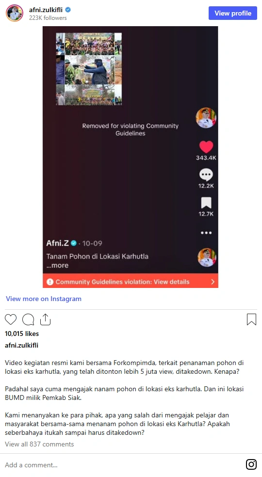 Unggahan Instagram Bupati Siak berisi tangkapan layar video TikTok yang dihapus