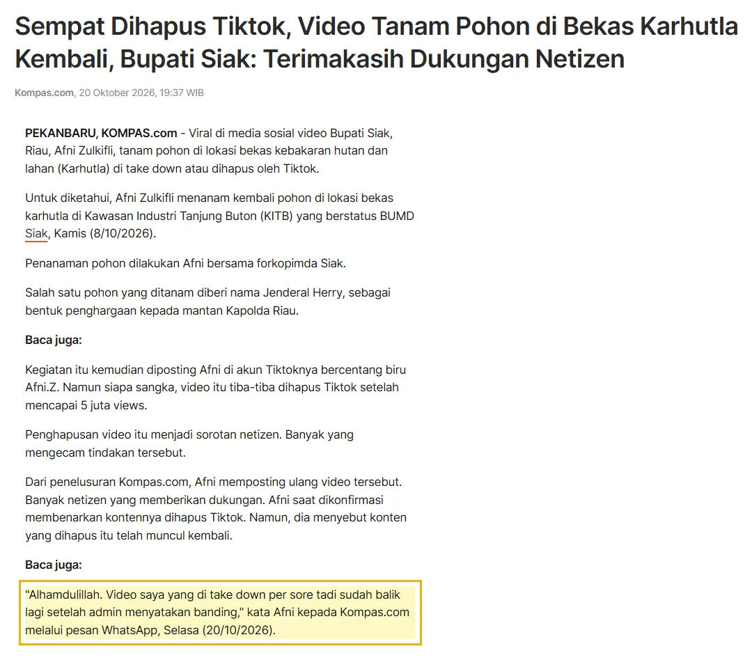 Kartu berita Kompas.com tentang video Bupati Siak yang kembali tayang setelah banding