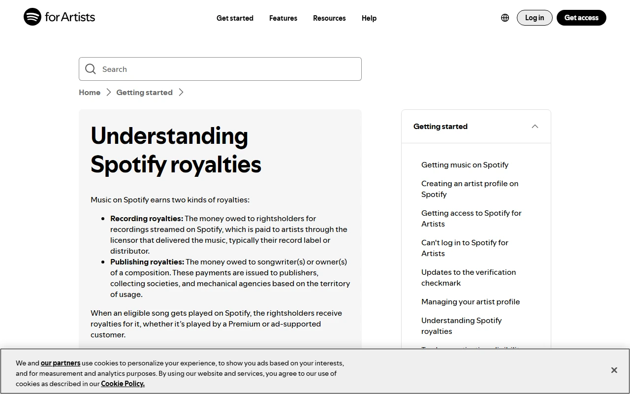 Halaman bantuan Spotify for Artists tentang dua jenis royalti musik