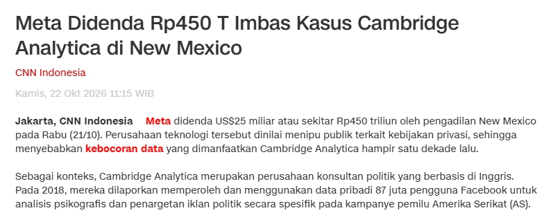 Kutipan CNN Indonesia bahwa Meta didenda US$25 miliar atau sekitar Rp450 triliun oleh pengadilan New Mexico