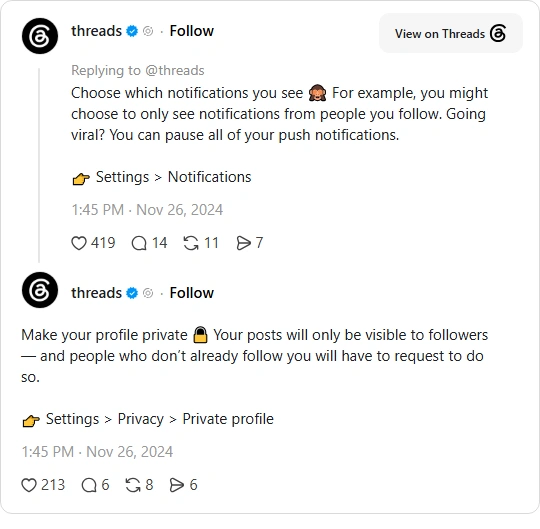Unggahan Threads tentang membuat profil privat lewat pengaturan Privacy
