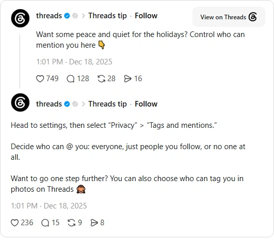 Unggahan Threads tentang memilih siapa yang boleh menyebut dan menandai Anda