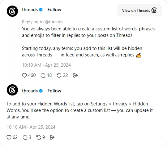 Unggahan Threads tentang menambah kata ke daftar Hidden Words