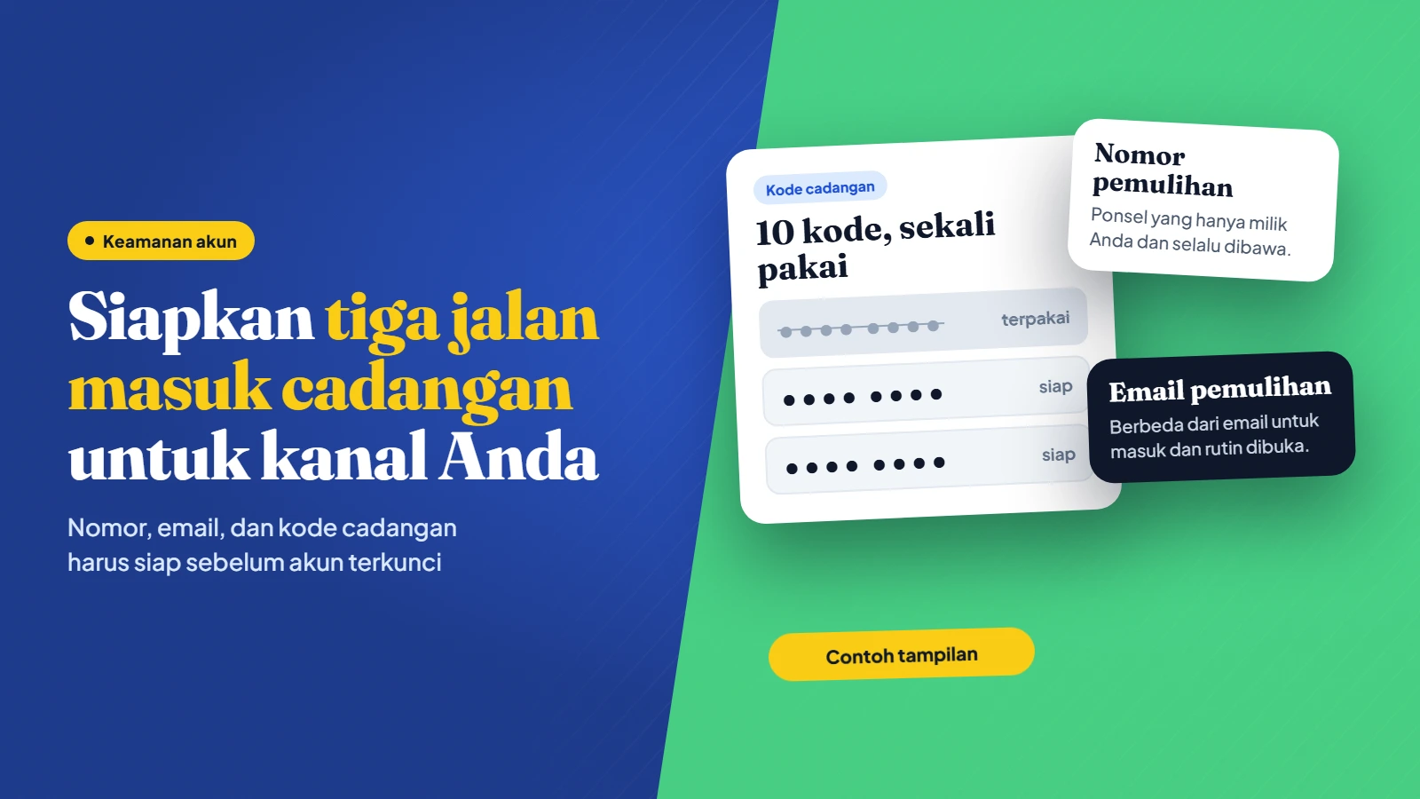 Kartu kode cadangan sekali pakai dan kartu nomor serta email pemulihan akun Google