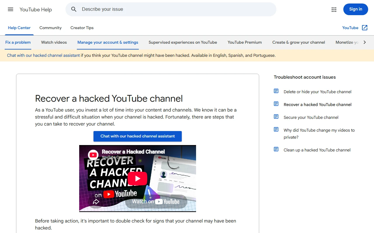 Halaman YouTube Help berjudul Recover a hacked YouTube channel