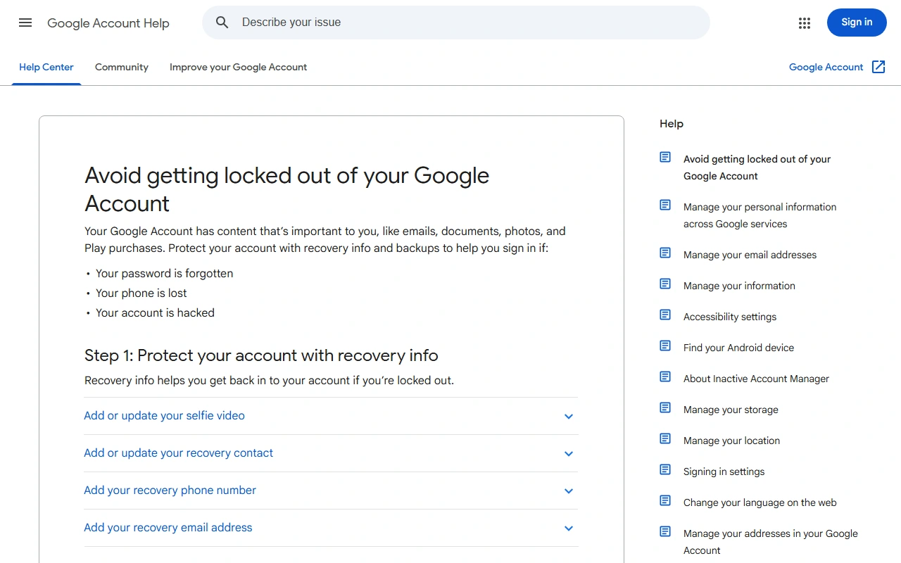 Halaman Google Account Help berjudul Avoid getting locked out of your Google Account
