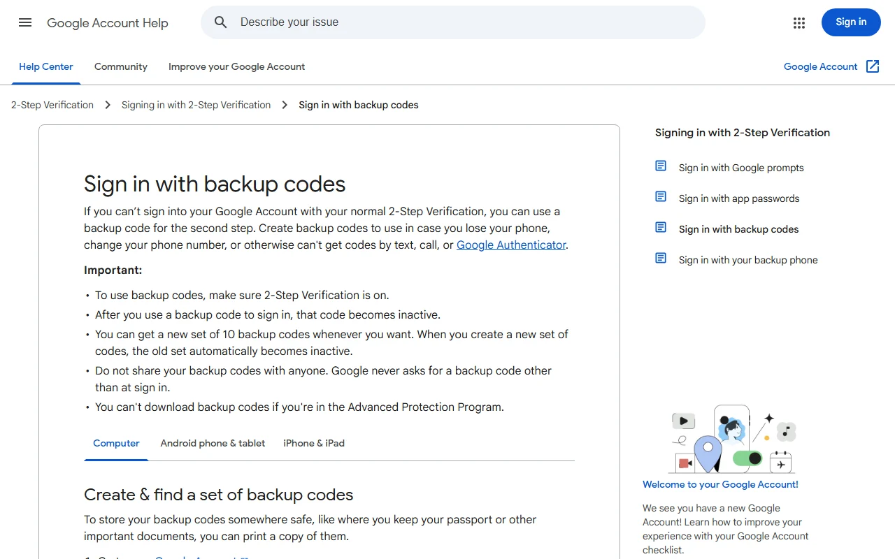 Halaman Google Account Help berjudul Sign in with backup codes