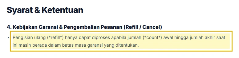Kutipan syarat refill dari halaman Syarat dan Ketentuan SMMPanelMu soal masa garansi