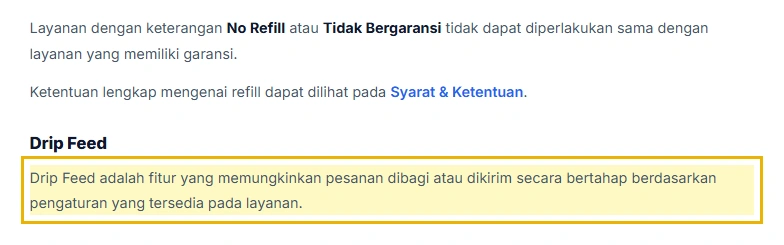 Tangkapan bagian Drip Feed pada halaman Panduan Penggunaan SMM Panel Mu