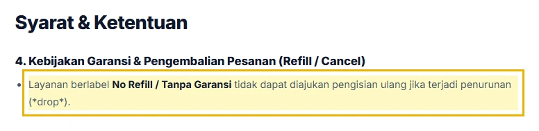 Kutipan Syarat dan Ketentuan tentang layanan No Refill yang tidak bisa diisi ulang saat terjadi penurunan