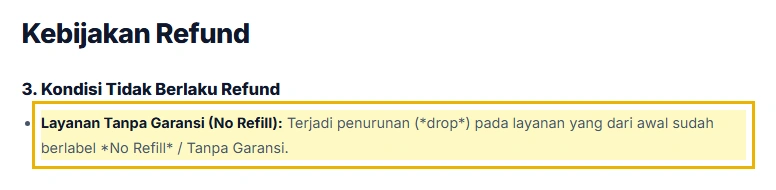 Kutipan Kebijakan Refund tentang penurunan pada layanan tanpa garansi yang tidak berlaku refund