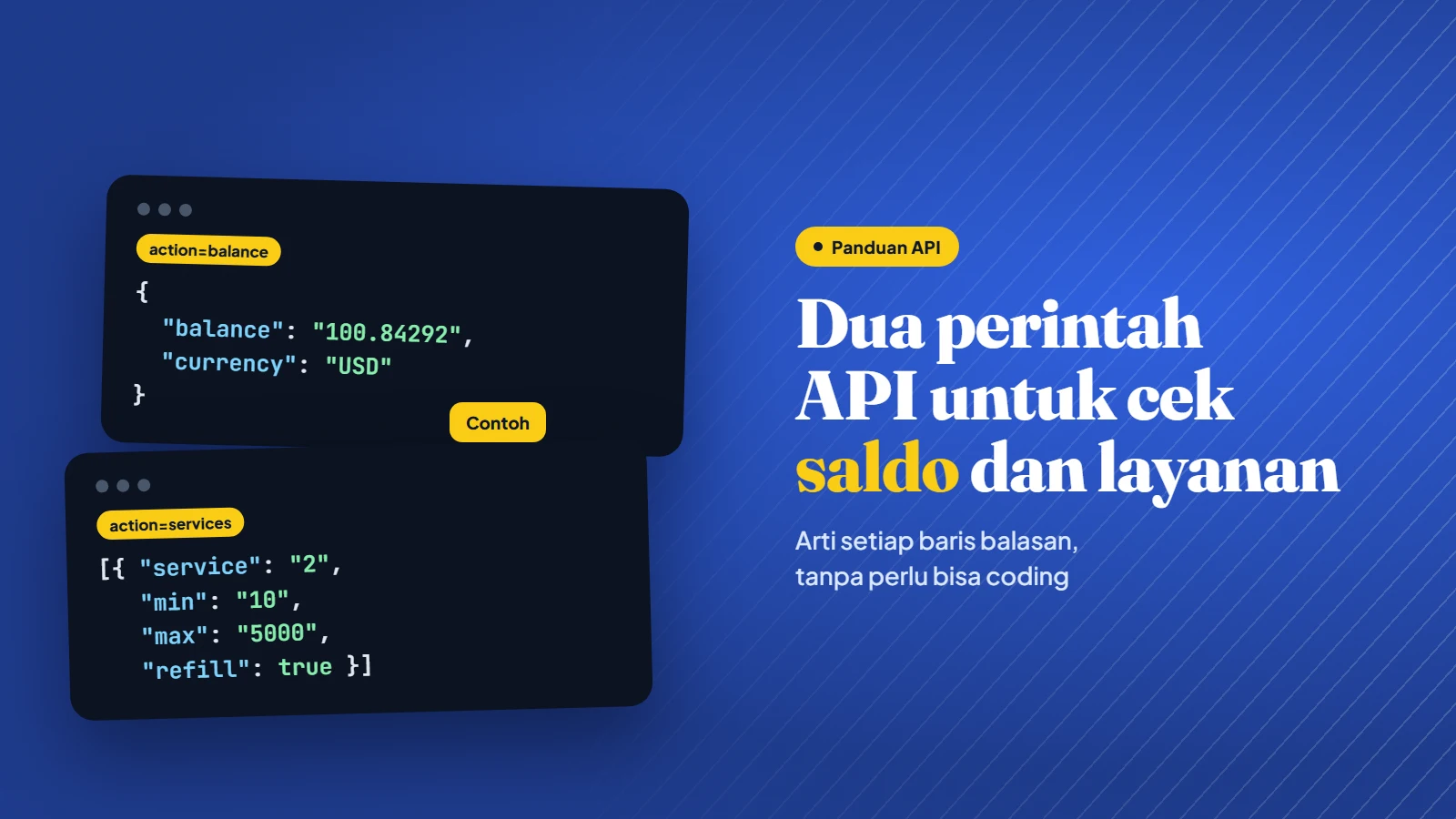 Dua jendela kode berisi balasan perintah balance dan services pada API panel