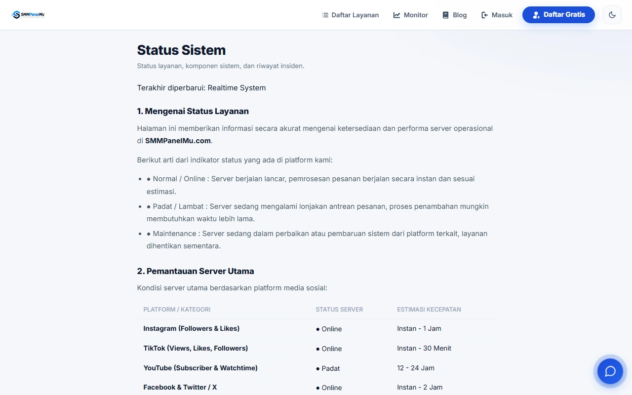 Halaman Status Sistem SMMPanelMu dengan tabel estimasi kecepatan per platform