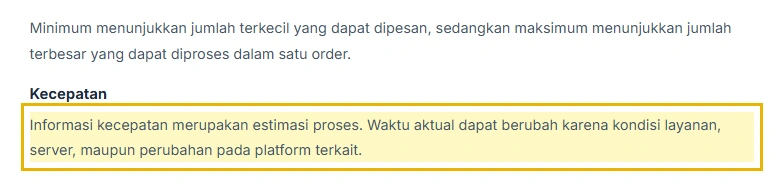 Kutipan panduan SMMPanelMu yang menyebut informasi kecepatan merupakan estimasi proses