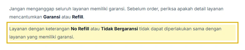 Kutipan halaman panduan yang menyebut layanan No Refill berbeda dari layanan bergaransi