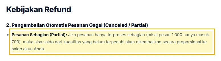 Kutipan halaman Kebijakan Refund SMMPanelMu tentang pengembalian saldo untuk order Partial