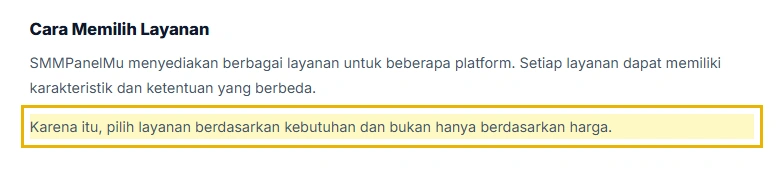 Kutipan halaman Panduan SMMPanelMu yang meminta pembeli memilih layanan berdasarkan kebutuhan