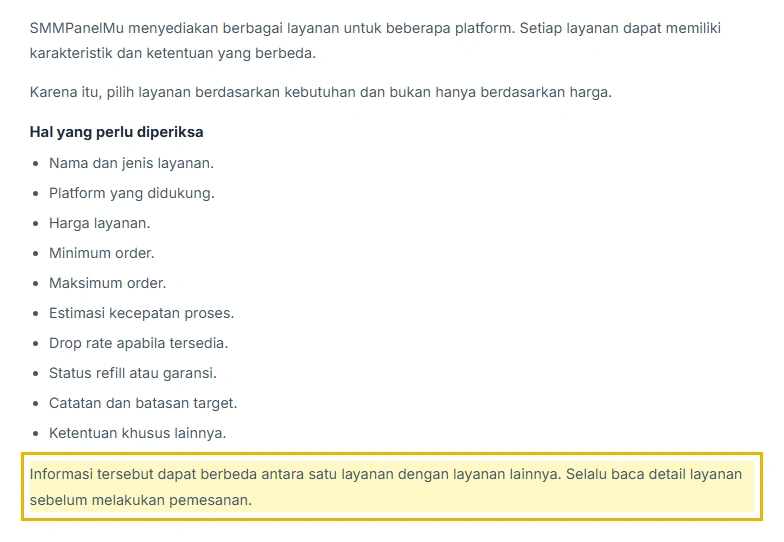 Daftar hal yang perlu diperiksa sebelum memilih layanan di Panduan, dengan kalimat penutup disorot