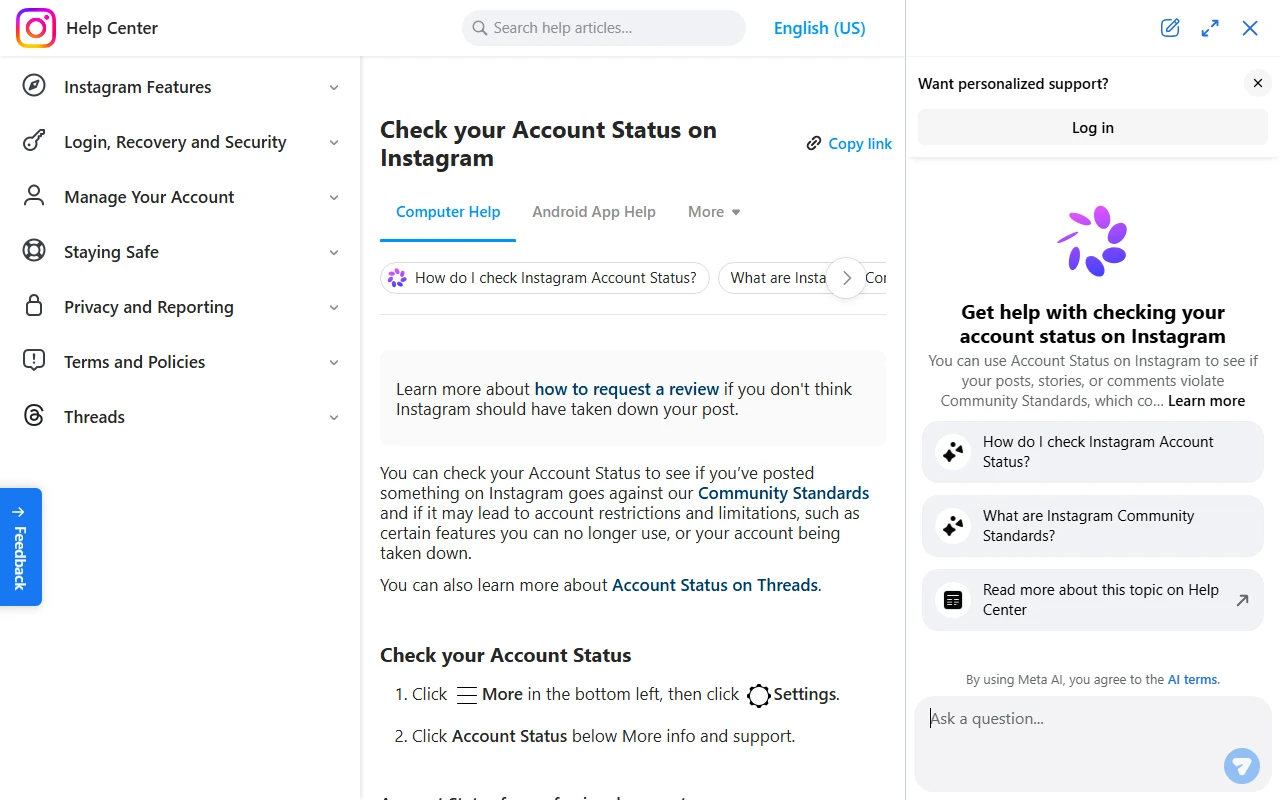 Halaman Pusat Bantuan Instagram berjudul Check your Account Status on Instagram