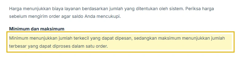Bagian Minimum dan maksimum pada halaman Panduan Penggunaan SMMPanelMu yang menjelaskan batas order