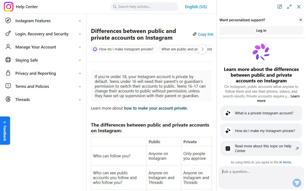 Halaman bantuan Instagram yang membandingkan akun publik dan privat