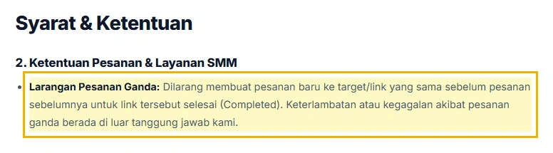 Kutipan poin Larangan Pesanan Ganda pada halaman Syarat dan Ketentuan SMMPanelMu