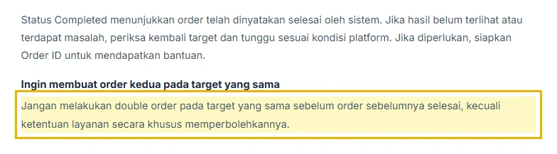Kutipan saran soal double order pada halaman Panduan Penggunaan SMMPanelMu
