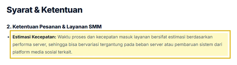 Kutipan syarat SMMPanelMu bahwa waktu proses layanan bersifat estimasi dan bisa bervariasi