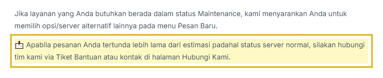 Kutipan halaman status SMMPanelMu untuk pesanan tertunda yang diarahkan ke Tiket Bantuan