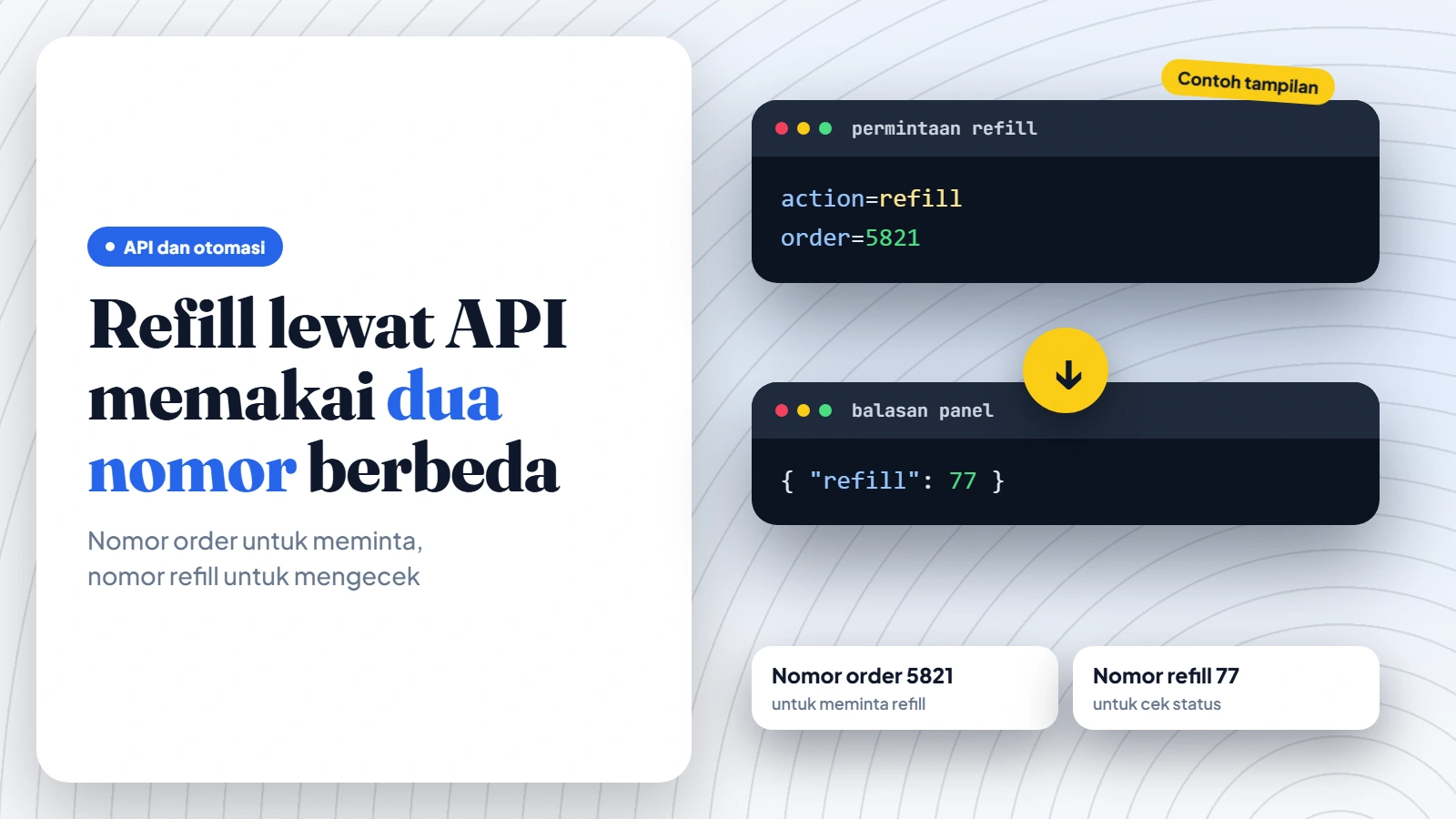 Dua jendela kode berisi permintaan refill dengan nomor order dan balasan berisi nomor refill