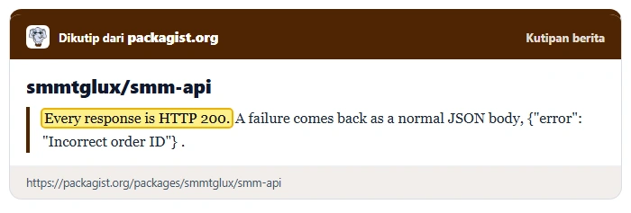 Kartu kutipan README pustaka klien SMM API yang menyebut setiap balasan berkode HTTP 200