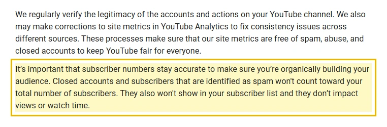 Kutipan halaman bantuan YouTube tentang akun ditutup dan subscriber spam yang tidak dihitung ke total subscriber