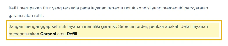 Kutipan halaman Panduan SMMPanelMu yang meminta pembeli memeriksa label garansi sebelum order