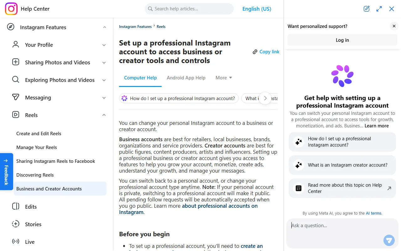 Halaman Help Center Instagram tentang cara beralih ke akun profesional bisnis atau kreator