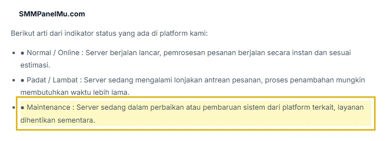 Halaman Status Sistem SMMPanelMu yang menjelaskan arti status Maintenance