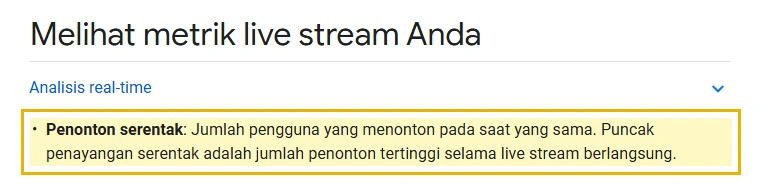 Halaman Bantuan YouTube yang menjelaskan penonton serentak sebagai jumlah pengguna yang menonton bersamaan