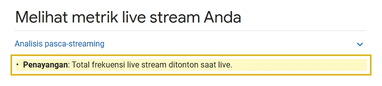 Halaman Bantuan YouTube yang menjelaskan penayangan sebagai total frekuensi siaran ditonton saat live